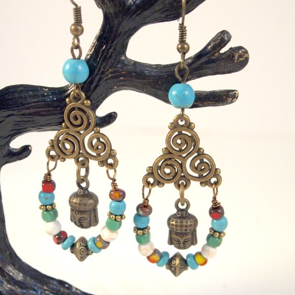 Handmade Buddha Chandelier Earrings Dangle Pierced or Clip-on Earrings - Picture 1 of 6